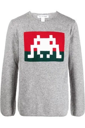Comme des Garçons Strik, Herre, Grå, S, Uld, Grå Sweaters med Pac-Amn Print