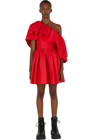 Alexander McQueen Kjole, Dame, Rød, 2XS, Bomuld, Asymmetrisk Rynke Mini Kjole