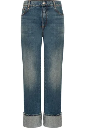 Alexander McQueen Jeans, Dame, Blå, W28, Bomuld, Blå Bukser med Opbukket Kant og Lige Ben