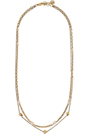 Alexander McQueen Tilbehør, Dame, Gul, ONE SIZE, Uld, Guld Halskæde med Swarovski-perler og Signatur Dødningehoved Motiv
