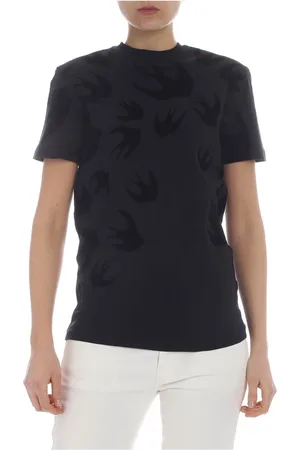 Alexander McQueen Top, Dame, Sort, XS, Bomuld, Velvet Swallow Tshirt, Sort med Svale Motiv