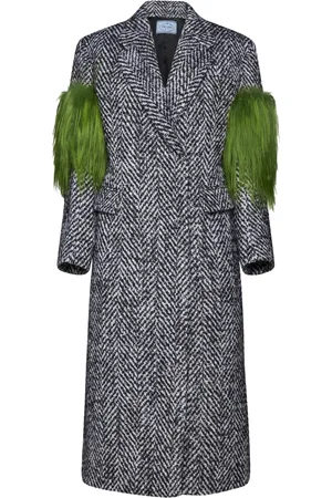 Prada Frakke, Dame, Grå, XS, Uld, Luksuriøs Herringbone Uldfrakke