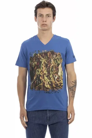 Trussardi Top, Herre, Blå, S, Bomuld, Blå Bomuld V-Hals T-Shirt med Frontprint