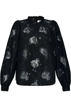 Sofie Schnoor Bluser & Skjorter, Dame, Sort, L, Bomuld, Sort Blomstret Skjortebluse med Lange Ærmer til Kvinder