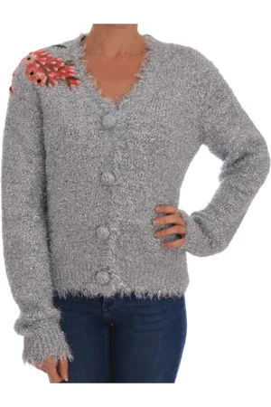 Dolce & Gabbana Strik, Dame, Grå, M, Polyester, Blomsterapplikation Cardigan
