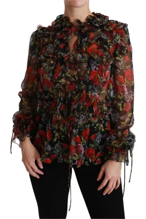 Dolce & Gabbana Bluser & Skjorter, Dame, Flerfarvet, 3XS, Sort Blomstret Silkebluse