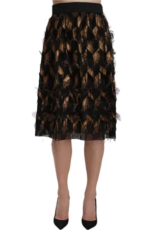 Dolce & Gabbana Nederdel, Dame, Sort, M, Uld, Sort Guld Frynse Metallic Blyant A-line Nederdel