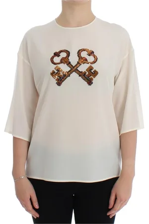 Dolce & Gabbana Bluser & Skjorter, Dame, Hvid, 3XS, Hvid Paliet Nøgle Silkebluse