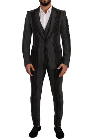 Dolce & Gabbana Jakkesæt, Herre, Sort, M, Uld, Sort Grå Stribet Slim Fit 3-Delt Jakkesæt