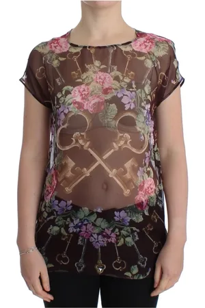Dolce & Gabbana Top, Dame, Sort, S, Luksuriøs Blomsterprint Silkebluse