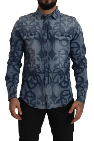 Dolce & Gabbana Skjorte, Herre, Blå, M, Denim, Blå Denim Stretch Logo Slim Skjorte