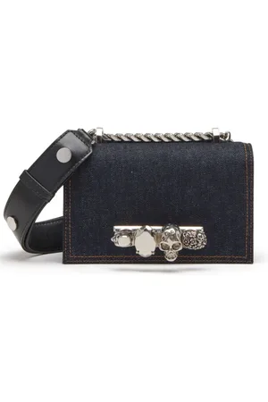 Alexander McQueen Taske, Dame, Blå, ONE SIZE, Denim, Denim Mini Juveleret Taske med Fire Ring Håndtag