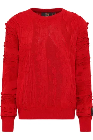 Carlo Colucci Strik, Herre, Rød, 2XL, Bomuld, Ensfarvet Rund Hals Pullover Dandaro