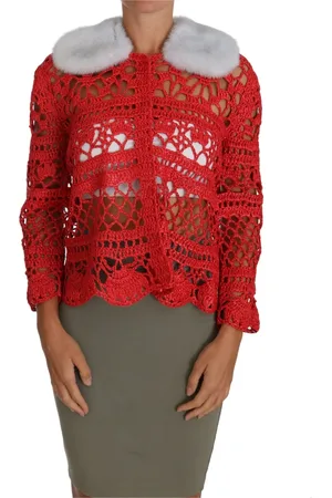 Dolce & Gabbana Strik, Dame, Rød, S, Raffia Hæklet Strik Cardigan