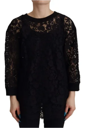 Dolce & Gabbana Bluser & Skjorter, Dame, Sort, L, Bomuld, Sort Blomstret Blonder Sicily Bluse