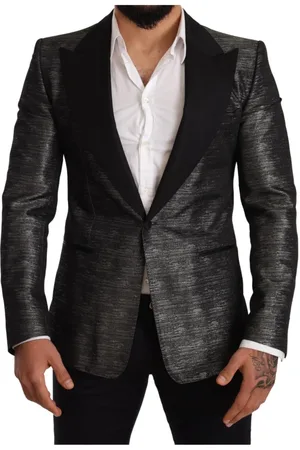 Dolce & Gabbana Jakkesæt, Herre, Grå, M, Uld, Grå Metallic Sort Slim Tuxedo Blazer