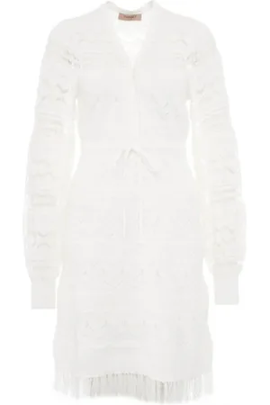 Twin-Set Kjole, Dame, Hvid, XL, Polyester, Kort Blondekjole med Frynser