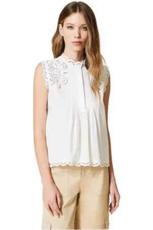 Twin-Set Top, Dame, , S, Bomuld, Ærmeløs top med optisk hvid broderi