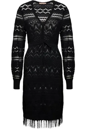 Twin-Set Kjole, Dame, Sort, L, Polyester, Kort Blondekjole med Frynser