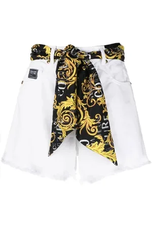 VERSACE Shorts, Dame, Hvid, W30, Denim, Højtaljede Logo Print Denim Shorts med Sløjfe - 28