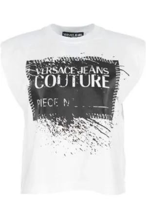 VERSACE Top, Dame, Hvid, XS, Bomuld, Logo Contrast Ærmeløs T-shirt til Kvinder