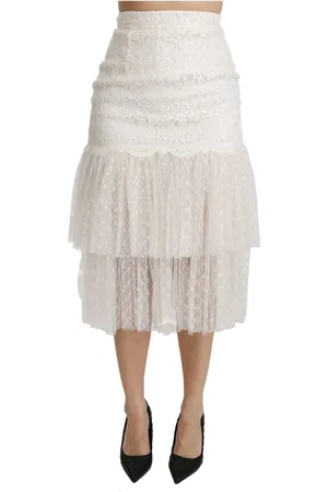 Dolce & Gabbana Nederdel, Dame, Hvid, XS, Bomuld, Hvid Blonde Lagdelt Højtaljet Midi Bomuldsnederdel