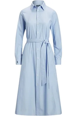 Ralph Lauren Kjole, Dame, Blå, S, Bomuld, Lang Poplin Skjortekjole med Broderet Logo