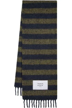 Maison Kitsuné Tilbehør, unisex, Grøn, ONE SIZE, Uld, Uld Rugby Stripes Tørklæde - Blå/Khaki