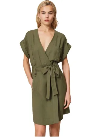 Twin-Set Kjole, Dame, Grøn, S, Uld, Wrap Kjole med Korte Kimono Ærmer