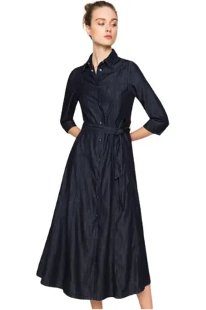 Twin-Set Kjole, Dame, Blå, XS, Denim, Denim Lang Skjortekjole med Sorte Rhinsten