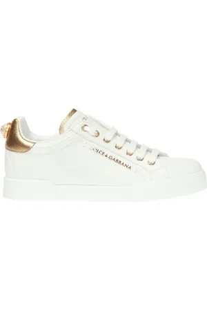 Dolce & Gabbana Sko, Dame, Hvid, 41 EU, Uld, Hvide lædersneakers med guld- og hvidfarvede logoapplikationer