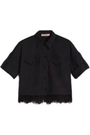 Twin-Set Skjorte, Dame, Sort, XS, Bomuld, Kort Poplin Skjorte med Blonde