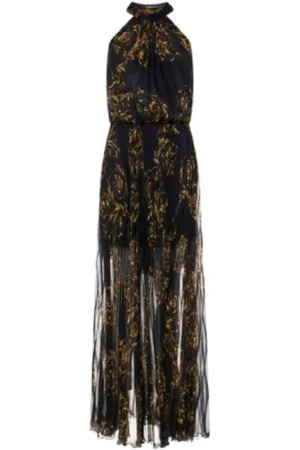 VERSACE Kjole, Dame, Sort, M, Polyester, Plisseret Sort Lang Kjole med Barocco Print