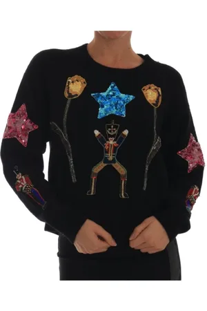 Dolce & Gabbana Strik, Dame, Sort, M, Luksuriøs sort sweater med krystaller