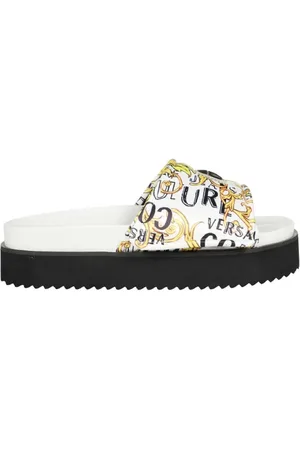 VERSACE Sko, Dame, Hvid, 39 EU, Satin, Hvide Satin Logo Couture Sliders - Størrelse 38