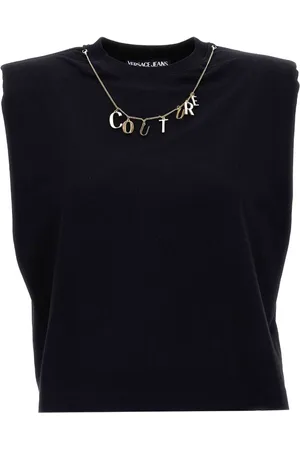 VERSACE Top, Dame, Sort, M, Uld, Stilfuld Ærmeløs Top med Ikonisk Logo