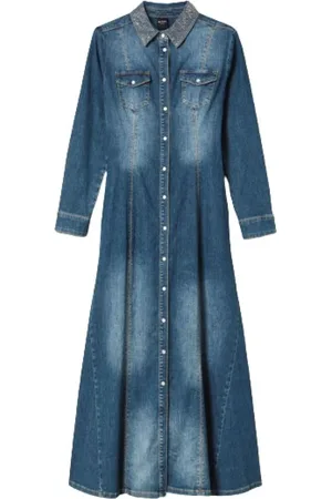 Twin-Set Kjole, Dame, Blå, M, Denim, Lang Denim Skjortekjole med Rhinestone Krave