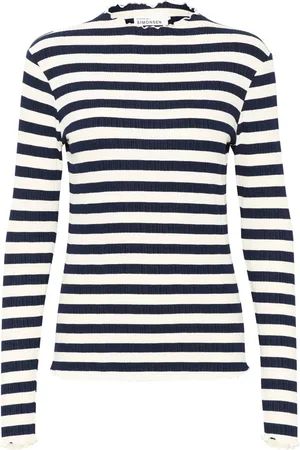 Karen by Simonsen Top, Dame, Flerfarvet, L, Stribet bluse med krøllede kanter