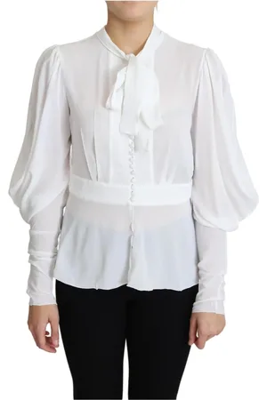 Dolce & Gabbana Bluser & Skjorter, Dame, Hvid, M, Uld, Elegant Hvid Bluse med Ascot Krave og Lanternærmer