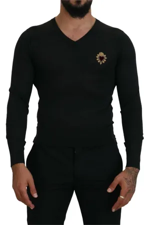 Dolce & Gabbana Strik, Herre, Grå, XS, Uld, Grå Cashmere V-hals Guld Hjerte Sweater
