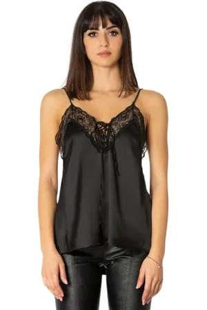 ANIYE BY Top, Dame, Sort, L, Satin, Sort Satintop med Blonde Detalje