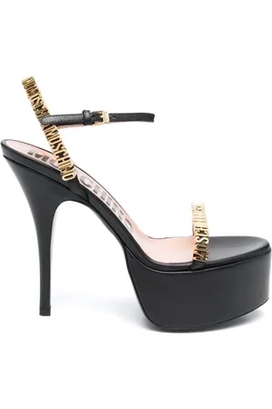 Moschino Sko, Dame, Sort, 37 1/2 EU, Uld, Sorte højhælede sandaler med gul logo plakette