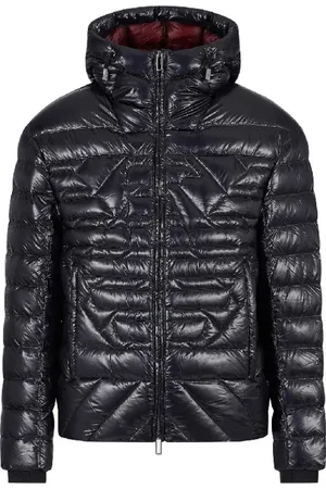 Emporio Armani Jakke, Herre, Sort, 3XL, Uld, Marineblå quiltet jakke med hætte og ørne-logo