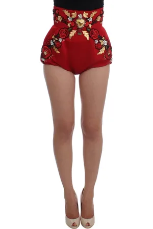 Dolce & Gabbana Shorts, Dame, Rød, XS, Bomuld, Røde Silke Roser Broderet Krystal Højtaljede Mini Shorts