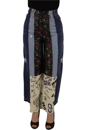 Dolce & Gabbana Jeans, Dame, Flerfarvet, 3XS, Denim, Multifarvet Patchwork DG Mode Wide Leg Denim Bukser