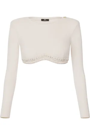Elisabetta Franchi Bluser & Skjorter, Dame, Hvid, XS, Polyester, Jersey Crop Top med Rhinestones