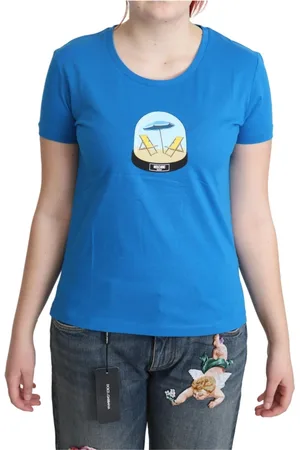 Moschino Top, Dame, Blå, XS, Bomuld, Blåt Trykt Bomuld Kortærmet T-shirt