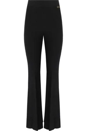 Twin-Set Bukser, Dame, Sort, M, Uld, Sorte Ribbede Flare Bukser med Gyldent Logo Detalje
