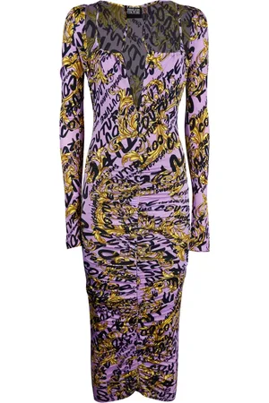 VERSACE Kjole, Dame, Lilla, L, Barok Print Firkantet Hals Midi Kjole