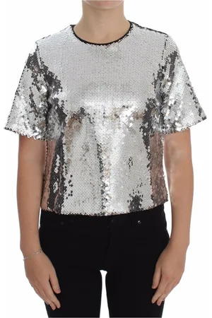 Dolce & Gabbana Top, Dame, Grå, XS, Polyester, Sølv Pailletbluse T-shirt med rund hals
